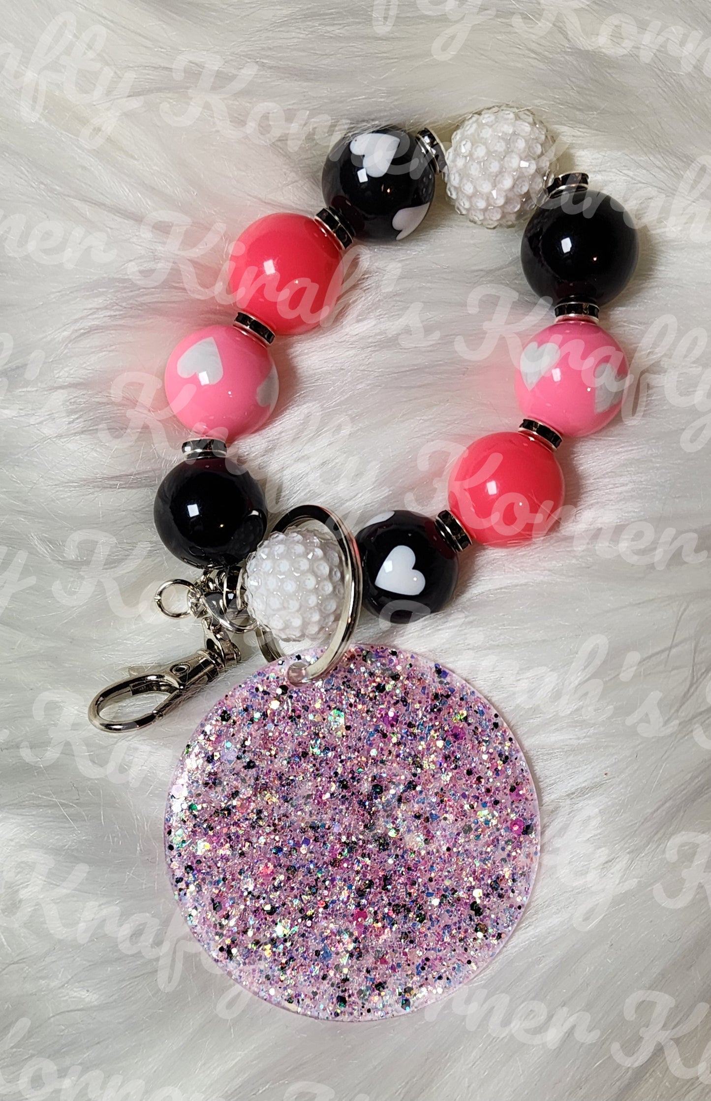 Pink, Black and White Hearts Keychain